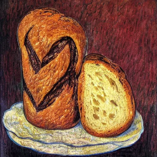 Image similar to A bread with chocolate hugging another bread with chocolate, Toulouse Lautrec style