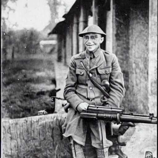 Image similar to old wartime photograph of bill gates holding a lewis gun, 1 9 1 7