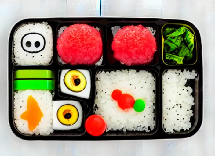 Prompt: photo of a japanese bento box from above. It is completely normal except it has human eyeballs in it.