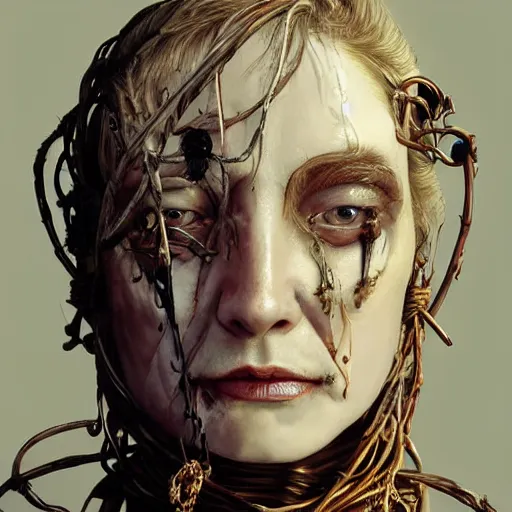 Image similar to portrait of a Shibari barbed wire wrapped face and neck, headshot, insanely nice professional hair style, dramatic hair color, digital painting, of a old 17th century, old cyborg merchant, amber jewels, baroque, ornate clothing, scifi, realistic, hyperdetailed, chiaroscuro, concept art, art by Franz Hals and Jon Foster and Ayami Kojima and Amano and Karol Bak,