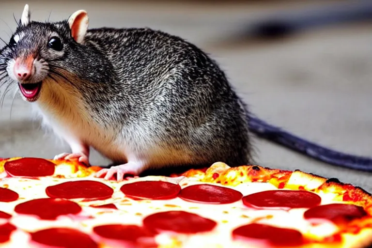 Prompt: emergence of the pizza rat, evolution, the new apex predator : unstoppable pizza rat : the reason god stays in heaven