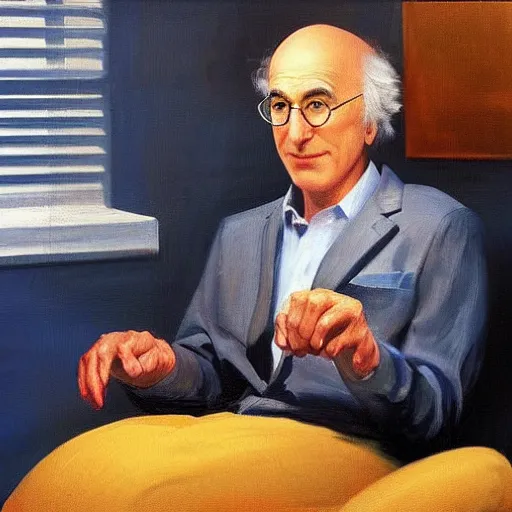 Prompt: larry david sitting on large bagel beanbag, edward hopper painting