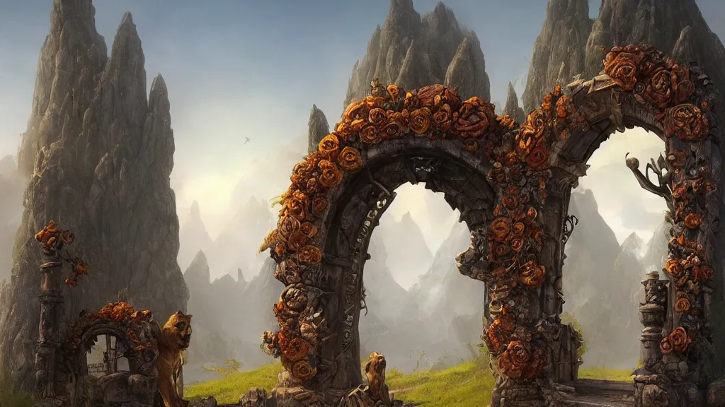 Image similar to A giant medieval fantasy portal gate with a rusty gold carved lion face at the center of it, the portal takes you to another world, full of colorful flowers on the lost Vibes and mountains in the background, spring, delicate fog, sea breeze rises in the air, by andreas rocha and john howe, and Martin Johnson Heade, featured on artstation, featured on behance, golden ratio, ultrawide angle, f32, well composed