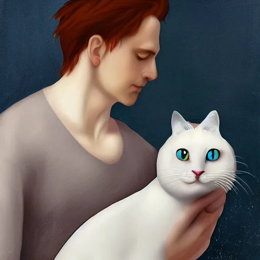 Prompt: a couple, gregoire and manon, digital art, with white cat