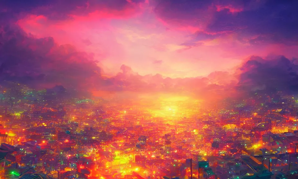 Image similar to a colorful glowing heavenly japanese city, sunset, moist, pastel, artstation, digital art.