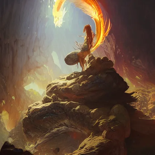 Prompt: A large flaming dragon egg in a nest hidden inside a rocky cave, fantasy art by greg rutkowski and alphonse mucha, highly detailed, digital painting, matte painting, concept art, illustration, oppressive lighting, trending on artstation, very detailed