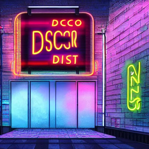 Image similar to entrance to a disco club in new york with a neon sign at nightime, heavy mist, highly detailed, artstation, concept art