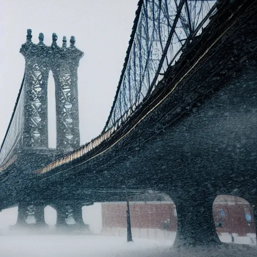 Prompt: photo of the manhattan bridge during a snow storm, aesthetically pleasing, color grading, grainy