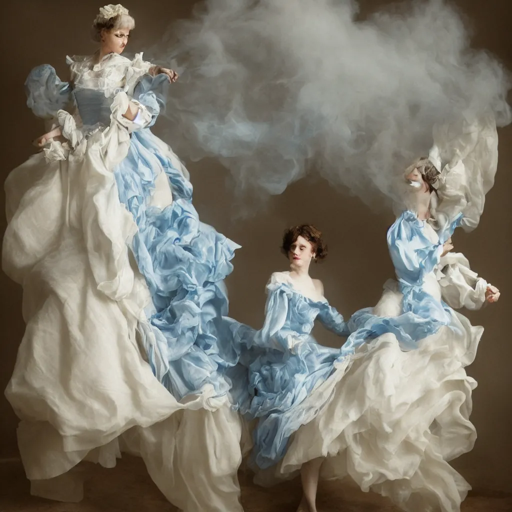 Image similar to woman_dressed_in_a_vaporous_wrapped_large_victorian_cream_roses_silk_semi-transparent_blue_and_cream_dress_fashion_is_running_DDfantasy