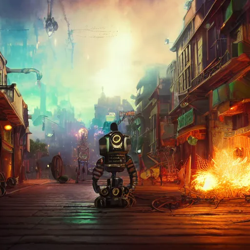 Image similar to a steampunk town, robot, fire, ash, electricity lightning, furry, soft, concept art, sharp focus, intricate details, highly detailed, photorealistic, disney pixar, octane render, iridescent, anime, 8 k