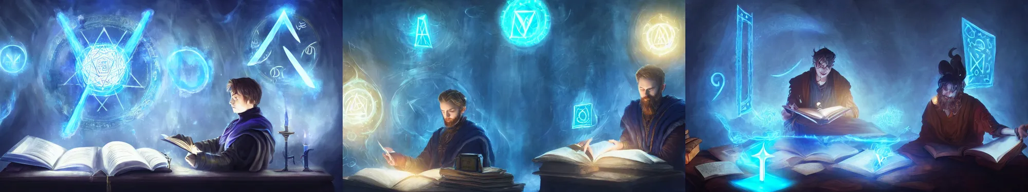 Prompt: A mage reading a spell book at a desk, as he reads the words runes float in the air. Magic, blue lighting, flux. High fantasy, digital painting, HD, 4k, detailed.