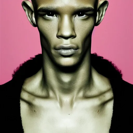 Prompt: a close up portrait of a beautiful athletic young male alien with ombre color skin , photographed by erwin olaf, artistic