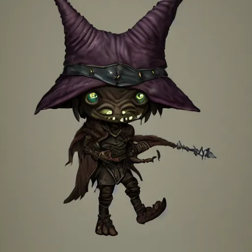 Prompt: cute tiny goblin girl wearing hunter armor from Bloodborne and a wizard hat, geeen skin, d&d, trending on artstation