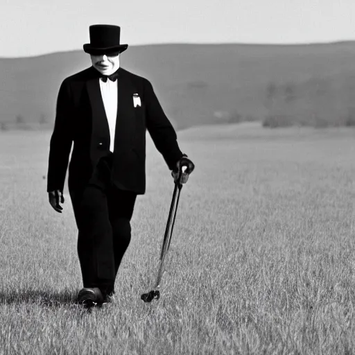 Image similar to a film still of a man holding a cane wearing a black suit and a bowler hat with a robotic face walking in a empty field in a 60s movie, black and white