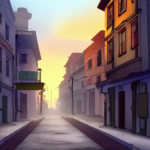 Prompt: a quiet street at dawn in the style of Broken Sword: 2