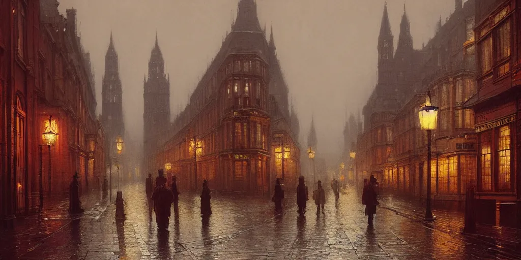 Image similar to Victorian city street on a rainy day in London, evening, low angle view, detailed matte painting, cinematic, John Atkinson Grimshaw, Artstation