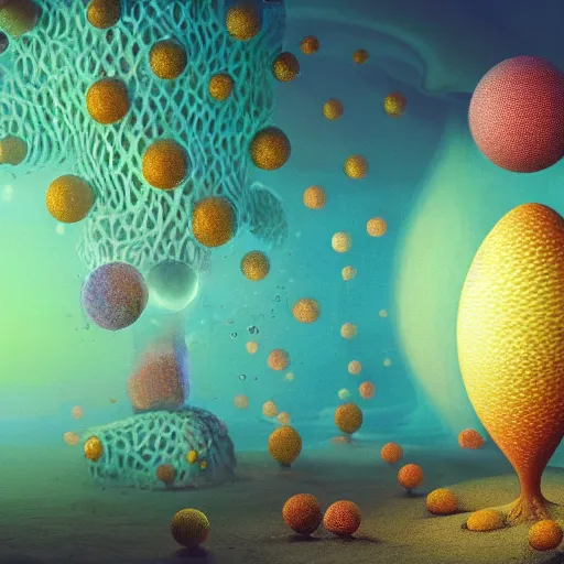 Image similar to psychedlic numerical realistic sea cone angler eggs apple spore , by Dan Witz and Mike Winkelmann and Jarosław Jaśnikowski , #macro , Global Illumination , storybook illustration