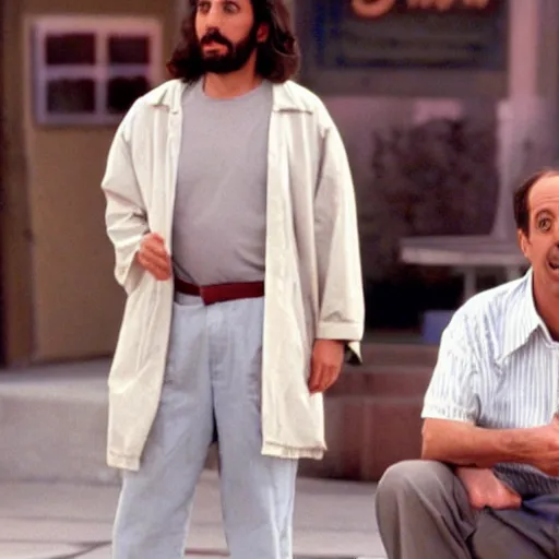 Prompt: Photo still of Jesus Christ in 1990s clothing guest-starring with Jerry Seinfeld in an episode of the TV show Seinfeld (1994), realistic