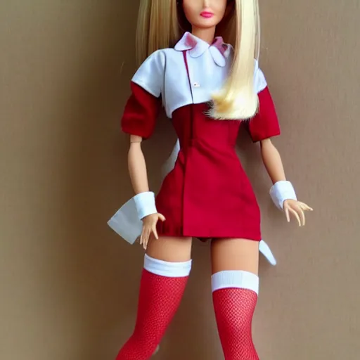 Prompt: anime barbie doll, 5 dolls, doctor suit, playboy, leather, in red velvet stockings, a nurse's dress, full length, heels on her feet