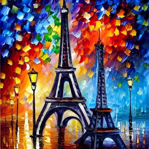 Prompt: Oil painting of Eiffel Tower with fireworks in the sky by Leonid Afremov