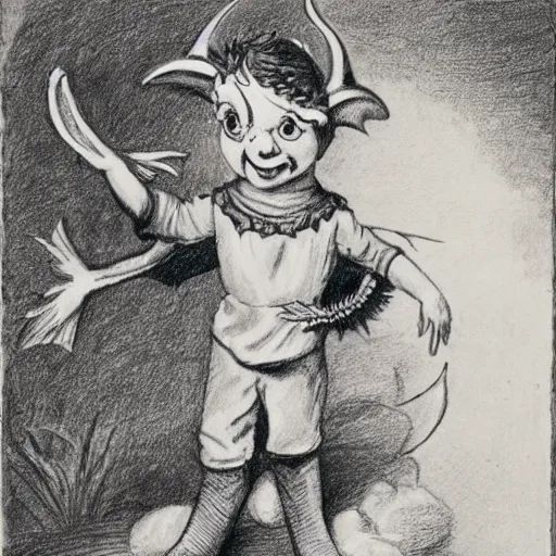 Prompt: by alfred parsons, by peter sculthorpe spirited. a drawing of a young boy disguised as a dragon. the boy is shown wearing a costume with dragon - like features, including a long tail, wings, & horns. he has a large grin on his face, suggesting that he is enjoying his disguise.