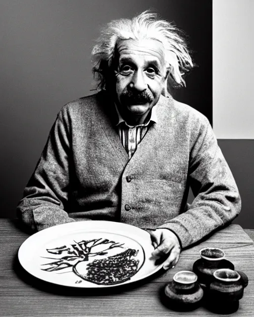 Prompt: a portrait of albert einstein sitting at the dining table with a plate containing namkeen in front of him, highly detailed, trending on artstation, bokeh, 9 0 mm, f / 1. 4