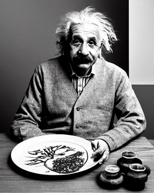 Image similar to a portrait of albert einstein sitting at the dining table with a plate containing namkeen in front of him, highly detailed, trending on artstation, bokeh, 9 0 mm, f / 1. 4