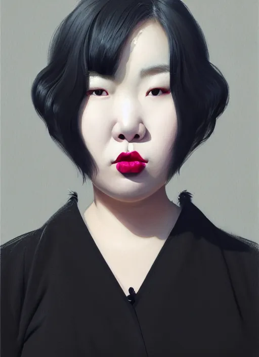 Prompt: portrait of a plump korean woman with a crooked nose and a confident expression, 1 9 6 0 s, black clothes, goth, punk, brightly coloured hair, funk, intricate, elegant, highly detailed, digital painting, artstation, concept art, smooth, sharp focus, illustration, art by wlop, mars ravelo and greg rutkowski