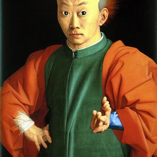 Image similar to portrait of a goku, painting by Jan van Eyck,