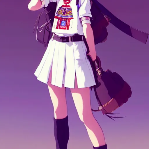 Image similar to a beautiful! boyish! natalie portman model, wearing catholic school girl outfit with mayan pattern and native style, jrpg aztec street fashion, gapmoe yandere grimdark, trending on pixiv fanbox, painted by greg rutkowski makoto shinkai takashi takeuchi studio ghibli, akihiko yoshida