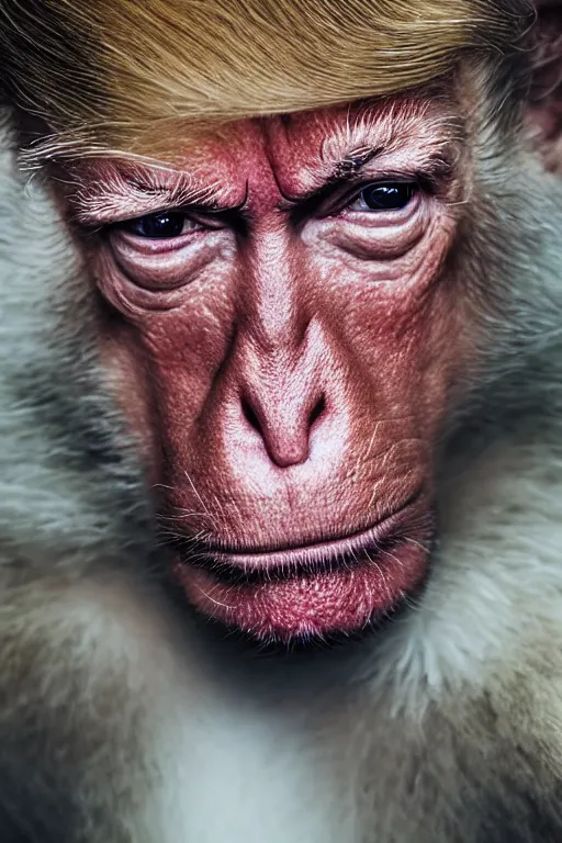 Prompt: photographic portrait of donald trump, monkey man, uhd 8 k fashion photography