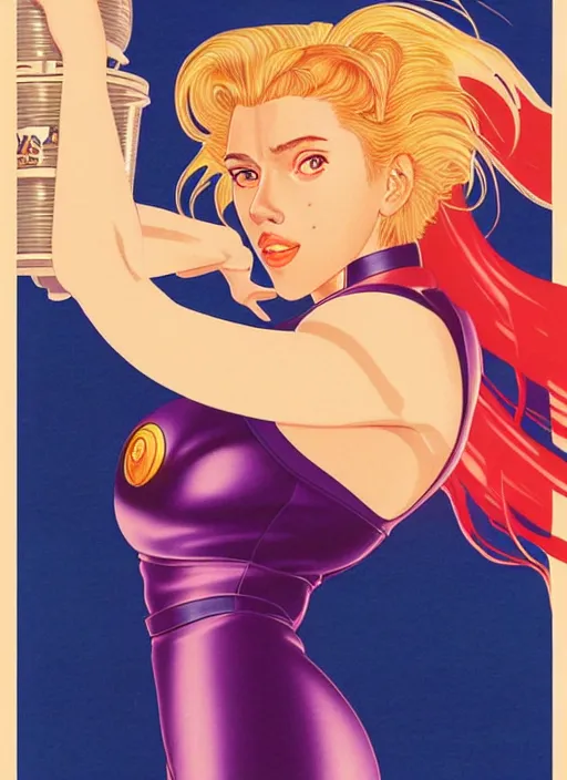 Image similar to realistic portrait of scarlett johansson as a sailor moon, making the coffee, early morning, light falling on face, futuristic, highly detailed, 8 0 - s style poster, sharp focus, illustration, art by kawase hasui,