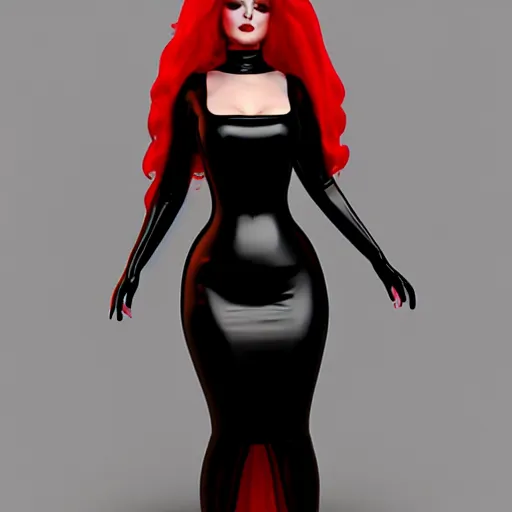 Image similar to curvy feminine hot goth cutie in a sublime elegant polished black latex neck-high gown with red trim and latex leggings, thin waist, cgsociety, photorealistic, comfy ambience, idealistic, 16k, smooth, sharp focus, trending on ArtStation, volumetric lighting, fully clothed, worksafe