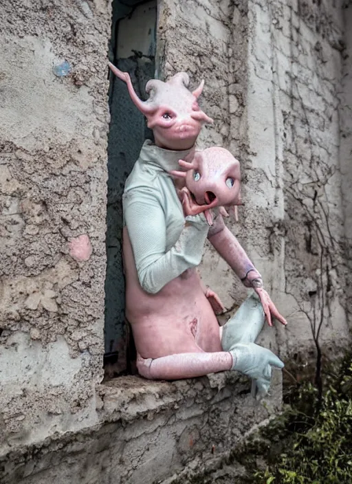 Image similar to humanistic anthropomorphic female axolotl exploring the ruins of chernobyl wasteland, front face