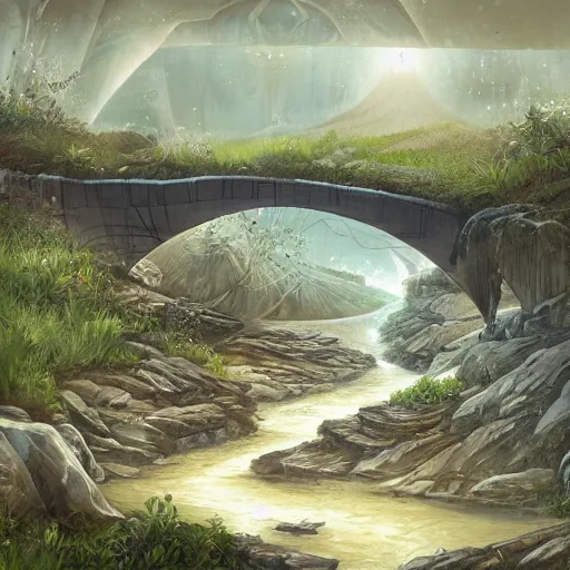 Image similar to a river flowing under a bridge, concept art by nina tryggvadottir, featured on deviantart, environmental art, matte background, storybook illustration, concept art