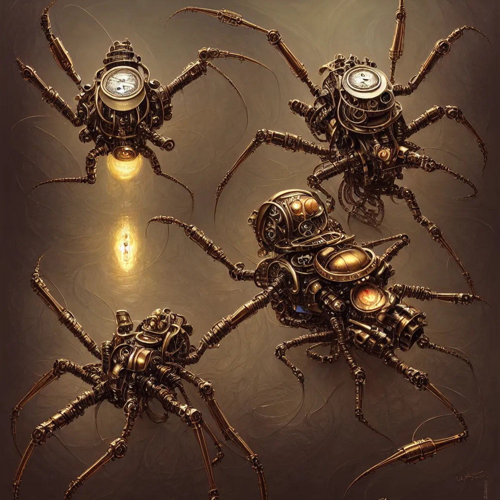 Image similar to portrait shot of a steampunk robot spider, intricate, elegant, highly detailed, centered, digital painting, artstation, concept art, smooth, sharp focus, illustration, artgerm, tomasz alen kopera, peter mohrbacher, donato giancola, joseph christian leyendecker, wlop, boris vallejo