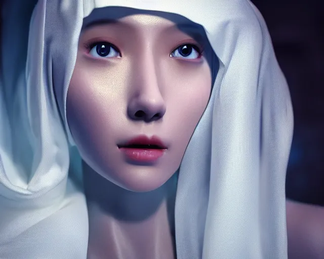 Image similar to a film still of a synthetic female human wrapped in white cloth, in neotokyo, cinematic lighting, high resolution, 4 k