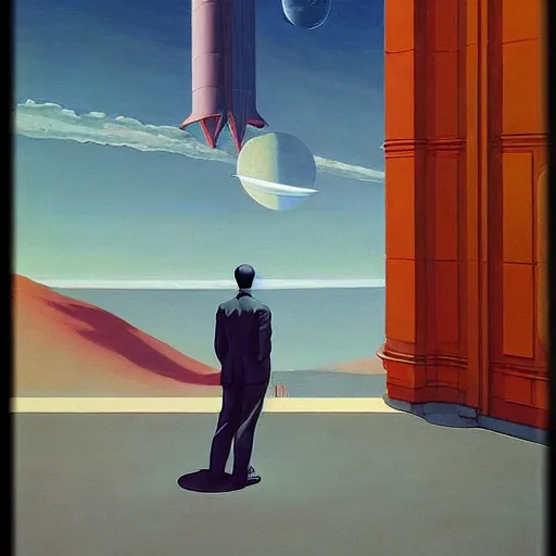 Image similar to Portrait of a man wearing a business dreaming about space, very coherent, painted by Edward Hopper, Wayne Barlowe, painted by James Gilleard, airbrush, art by JamesJean