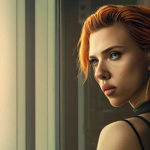 Image similar to ultra realistic and intricate detailed photoshoot of Scarlett Johansson as a cyberpunk woman looking out at city, neon, cyberpunk, technology, innovation, bright modern style, blade runner, artstation, unreal render, depth of field, ambient lighting, award winning, stunning