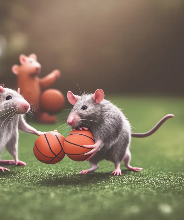 Prompt: high quality presentation photo of cute anthropomorphic rats playing basketball with cheese, photography 4k f1.8 anamorphic bokeh 4k Canon Nikon