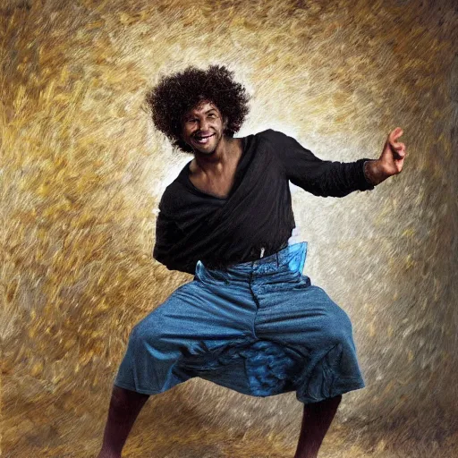 Image similar to black man with curly hair dancing inside a equipped photography studio by himself, intricate details, happy, impressionist painting, figurative painting