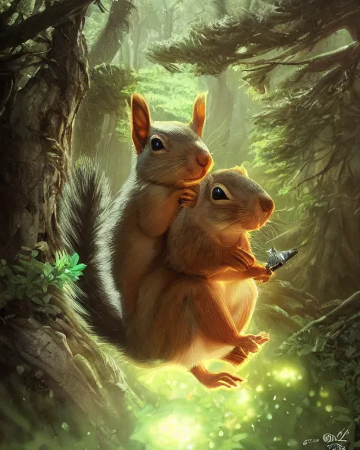 Prompt: Squirrel clothed, portrait, magic, forest background, magic the gathering artwork, D&D, fantasy, cinematic lighting, centered, symmetrical, highly detailed, digital painting, artstation, concept art, smooth, sharp focus, illustration, volumetric lighting, epic Composition, 8k, art by Akihiko Yoshida and Greg Rutkowski and Craig Mullins, oil painting, cgsociety