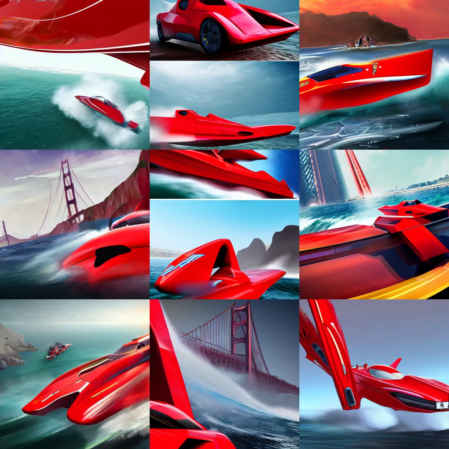 Prompt: concpet art featuring a futuristic red racing speedboat designed in the style of ferrari racing under the golden gate bridge. fine detail. surf. this 4 k hd image is trending on artstation, featured on behance, well - rendered, extra crisp, features intricate detail, epic composition and the style of unreal engine.