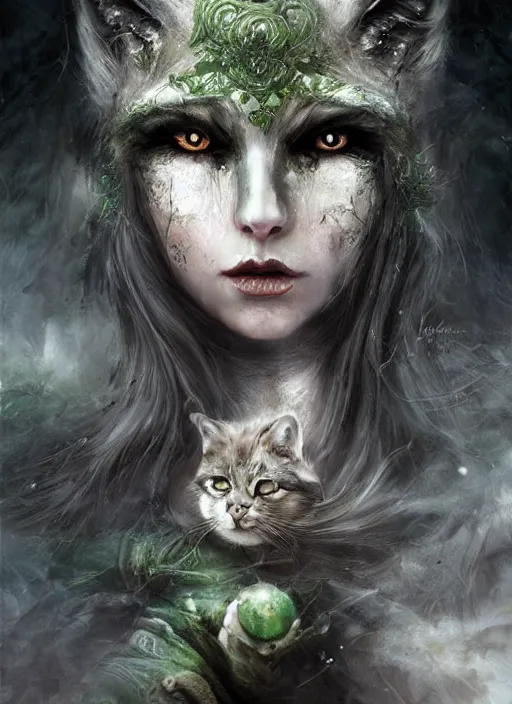 Image similar to medieval female warrior, green eyes, dark forbidden forest, wolves, white cat, by Lecouffe-Deharme, by Natalie Shau