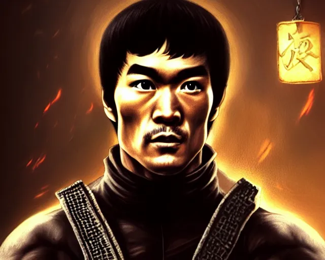 Image similar to a gaming screenshot still portrait of bruce lee in mortal kombat, deep focus, d & d, fantasy, intricate, elegant, highly detailed, digital painting, artstation, concept art, matte, sharp focus, illustration, dark fantasy style art, hearthstone, art by artgerm and greg rutkowski and alphonse mucha