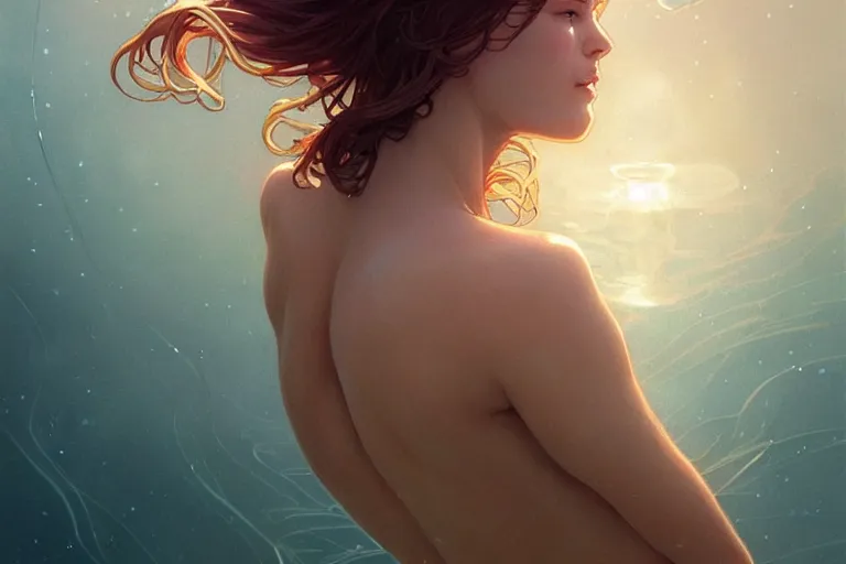 Image similar to jellyfish swim around woman in swimsuit, highly detailed, smooth, sharp focus, concept art, illustration, beautiful, geometric, trending on artstation, cinematic, art by artgerm and greg rutkowski and alphonse mucha