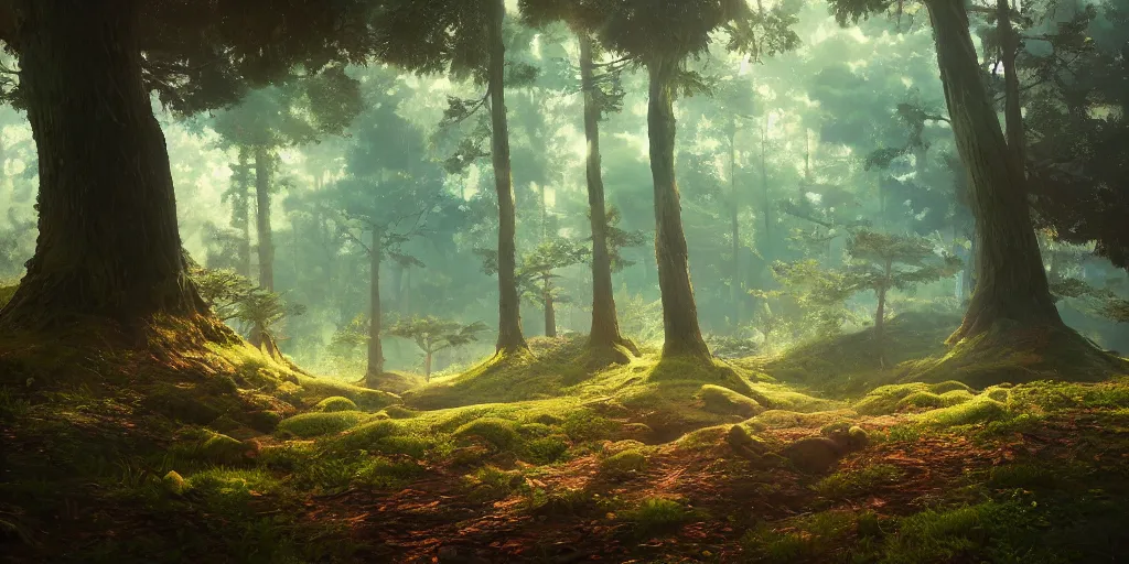 Prompt: a forest, oil painting, cinematic angle, hyperrealistic, volumetric lighting, breathtaking, Studio Ghibli, digital art, octane render, post-processing, epic composition, trending on artstation, masterpiece