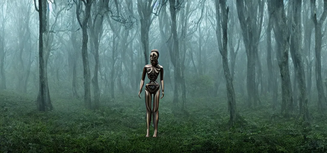 Prompt: a complex organic fractal 3 d metallic symbiotic ceramic humanoid megastructure emma watson in a swampy lush forest, foggy, cinematic shot, photo still from movie by denis villeneuve