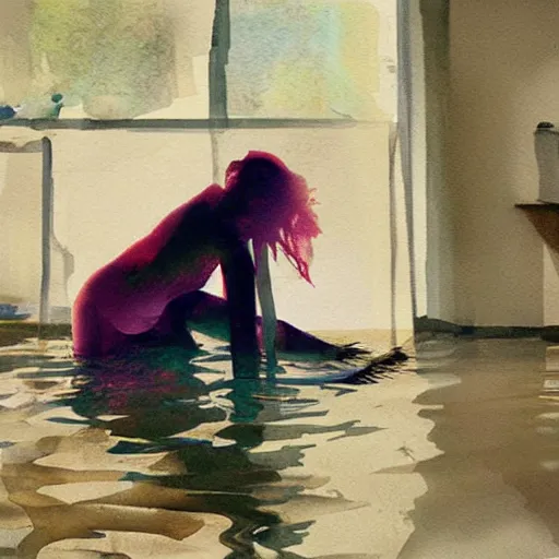 Image similar to abstract painting of Elle Fanning in a flooded house, by Bill Sienkiewicz