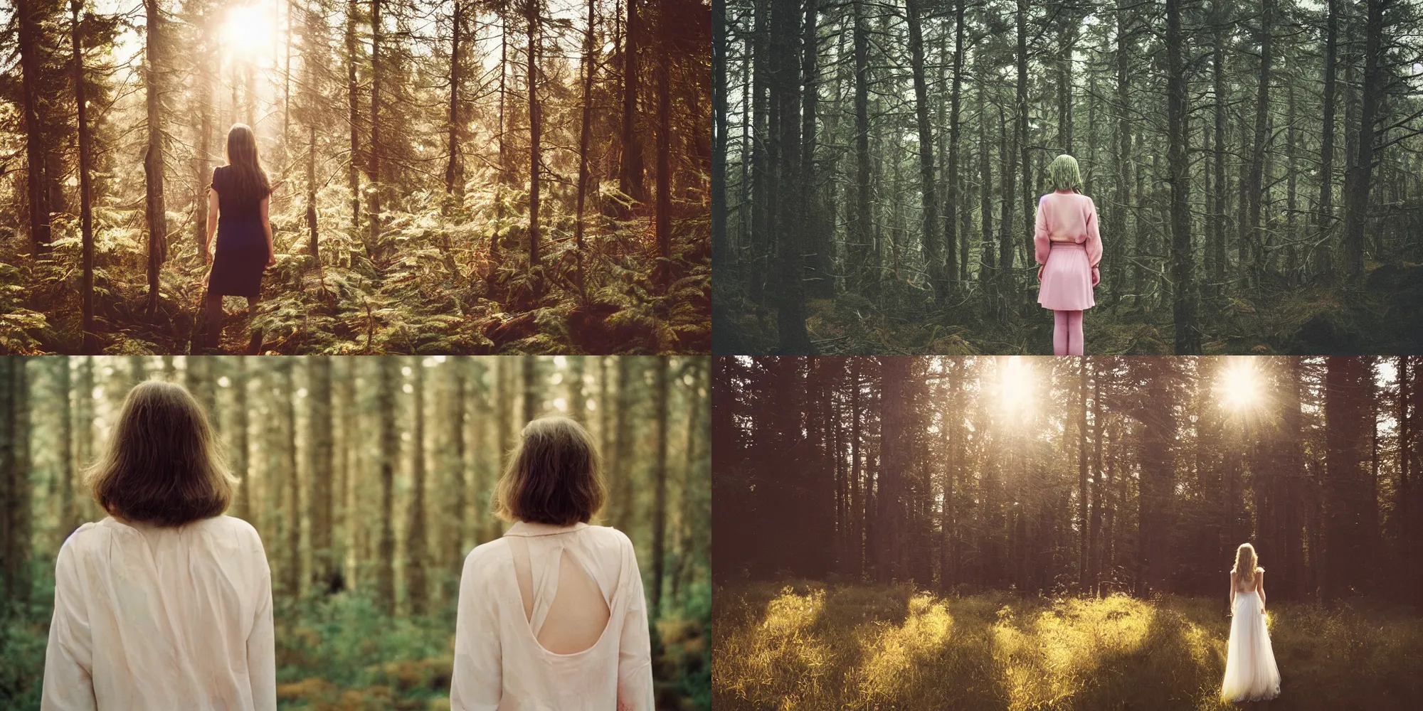 Prompt: photograph of a beautiful!!! woman! from the back standing in a pine forest by mark owen. scotland mood. pastel colors. kodak portra 4 0 0 film!!. whirl bokeh!. mamiya 7. highly detailed. hq. photoreal. golden hour. lens flare. faded film. in - frame